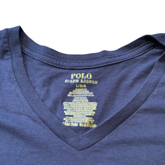 Polo Ralph Lauren Men's V Neck T-Shirt Navy Blue Short Sleeve Large Pony Logo - Picture 3 of 4